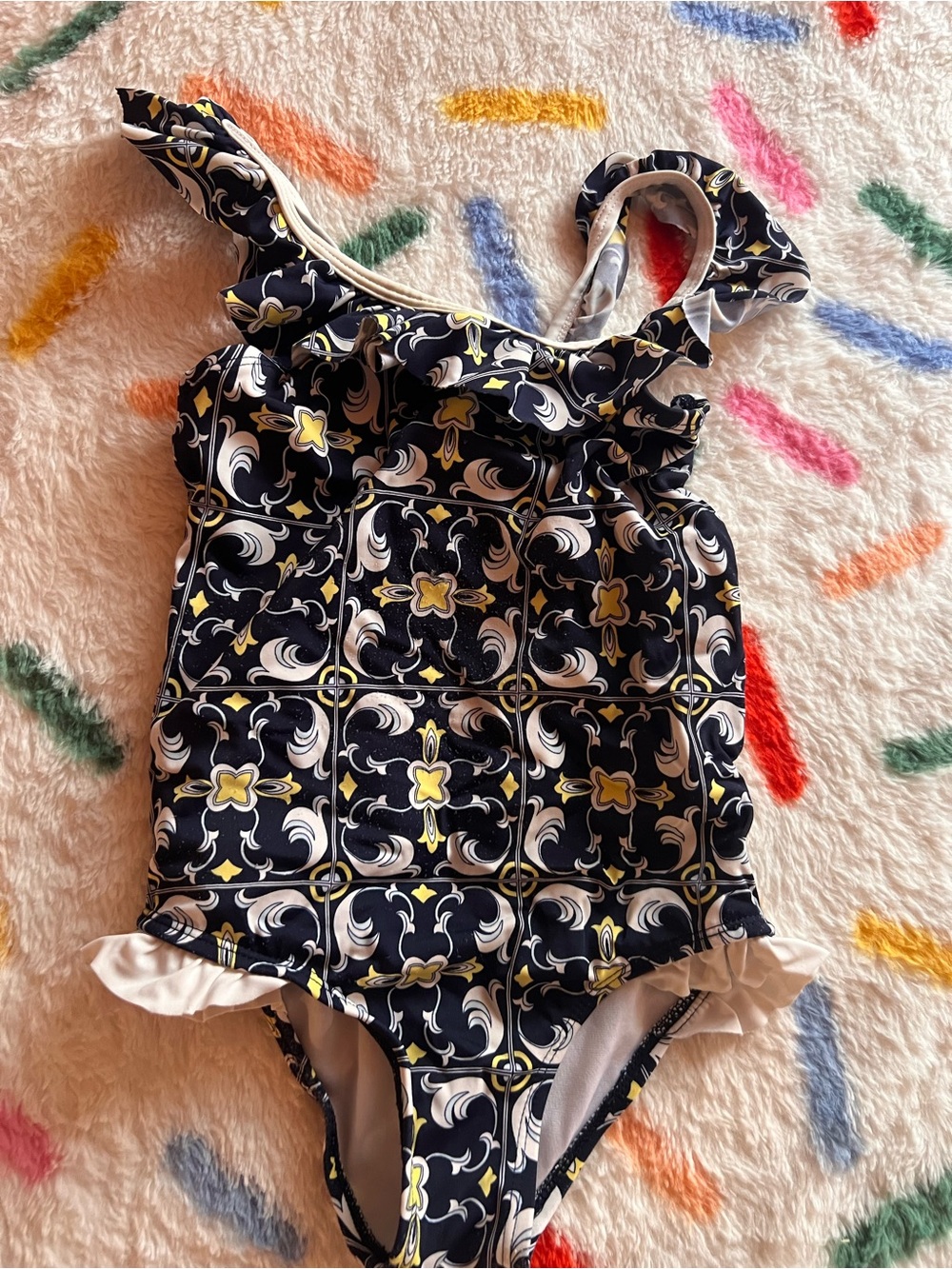 Janie and Jack Navy, Yellow & White Floral Tile One-Piece Swimsuit